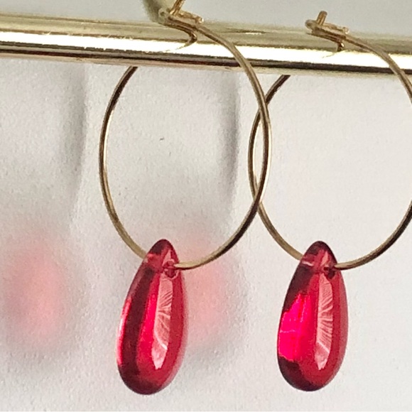 New Bright Red Pomegranate Seed Blood Drop Drip Unique Handmade Hoop Earrings - Picture 5 of 9